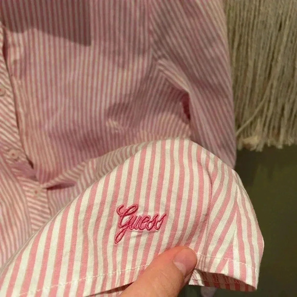 GUESS VINTAGE PINK STRIPE BUTTON DOWN BLOUSE SIZE XL - Picture 7 of 7
